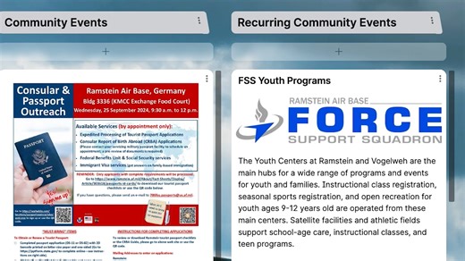 Want quick updates on road closures and upcoming events? 👀 The Ramstein Bulletin is your go-to resource for: ROAD CLOSURES PUBLIC NOTICES BASE EVENTS Want to share an event? Create your own post! Stay connected, stay safe, and make the most of what the KMC has to offer! Check out the RAMSTEIN BULLETIN here: https://padlet.com/ramsteinairbaseofficial/ramstein-air-base-3js5xiidgcycqaz8 | Ramstein Air Base, Germany