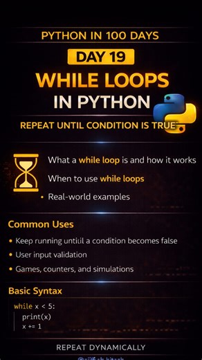 Data Science & AI on Instagram: "Day 19: While Loops in Python (Repeat Until Condition is True) While loops allow your program to keep running as long as a condition remains true. They are extremely useful when you don’t know in advance how many times a task should repeat. In this lesson, you’ll learn: What a while loop is and how it works When to use while loops instead of for loops Common real-world use cases Basic syntax with a simple example Mastering while loops will help you build dynamic,