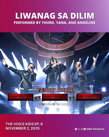 #TheVoiceKidsGMA #Highlights: Bright and full of energy! Thurd, Yana, and Angeline's 'Liwanag Sa Dilim' performance lit up the entire stage. For more #TheVoiceKids performances, visit: gmanetwork.com/thevoicekids. | GMA Network
