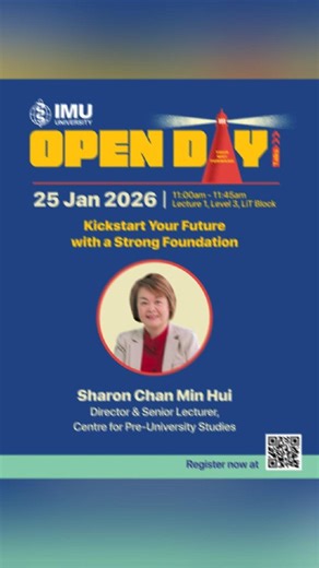 🚀 IMU Open Day 2026: You Way Forward Begins Here Join us for 12 expert talks across medicine, healthcare, business, technology & social sciences – plus: ✅ RM800 registration fee waiver* (except for Medicine & Dentistry) ✅ New Programmes: Cosmetic Science, Food Science Innovation, Bioveterinary Science & Business Administration! ✅ Scholarships and bursary of up to 100%* ✅ Campus Tour ✅Personalised education counselling! Tap link 🔗 in bio to learn more! *T&Cs apply #IMUOpenDay #FutureLeaders #He