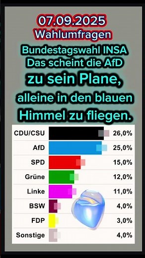 Wahlumfrage07-09-25 INSADas scheint die AfD zu sein Plane, alleine in den blauen Himmel zu fliegen.