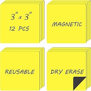 Reusable Magnetic Sticky Notes, 12 Pack 3"x3" Dry Erase Magnets Magnetic Labels, Easy to Post Notes for Whiteboard, Fridge, Locker, Cabinet, Door, Office Classroom Supplies(RM-01)