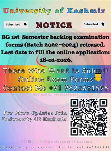 [University of Kashmir] . >> Notice regarding online submission of examination forms for backlog candidates of BG 1st sem. batch 2022-24 under NEP University Of Kashmir | University Of Kashmir