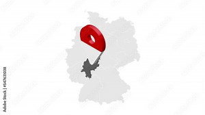 Location Hesse on map Germany. 3d Free State of Hesse flag map marker location pin. Map of Germany showing different states. Animated map Lands of Germany. 4K. Video