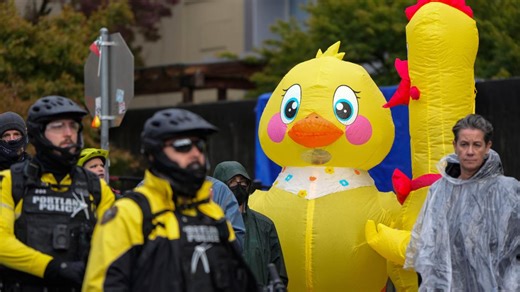 Why are people wearing inflatable costumes to protests?