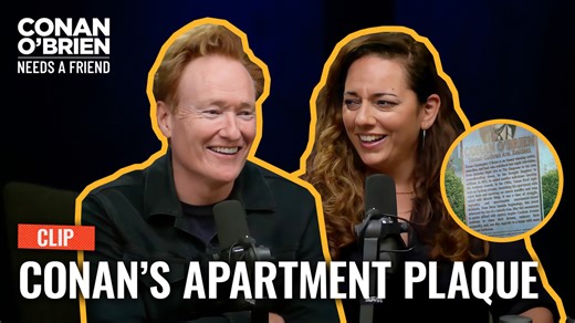 A fan made a plaque honoring Conan's time in his street-furniture filled Hollywood apartment. | Team Coco