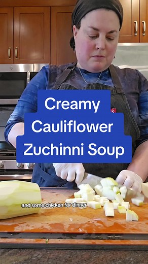 Creamy Cauliflower Zucchini Soup Ingredients: 1/4 cup light olive oil 3 extra large (or 6 medium) onions, chopped 6 garlic cloves, smashed with the side of a chef's knife 10 lbs of zucchini, PEELED and chopped 1 tsp kosher salt Two 24 oz bags of frozen cauliflower, defrosted 2 tsp granulated garlic powder 8 cups vegetable or chicken stock (I used Imagine
