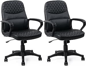 CLATINA Office Chair - Mid Back Leather Computer Desk Chair with Wheels, Ergonomic Executive Swivel Chair with Lumbar Support, Armrest for Home Office Black, 2 Pack