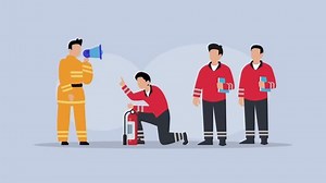 Fire Safety Training with Firefighter and Team cartoon animation