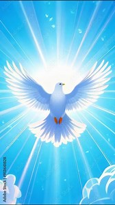 holy spirit as a white dove in rays of light isolated on blue sky, symbolizing Christian enlightenment and peace in cartoon flat design style animation -- 4k 9x16 vertical stock video footage AI
