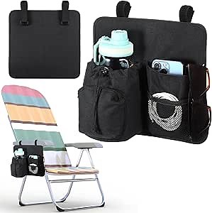 4 Pockets Beach Chair Cup Holder Organizer Phone Caddy, Black | Nylon Caddy with 2 Straps, Water Bottle Organizer, Beach Chair Accessories for Patio Lounger, Foldable Camping Use