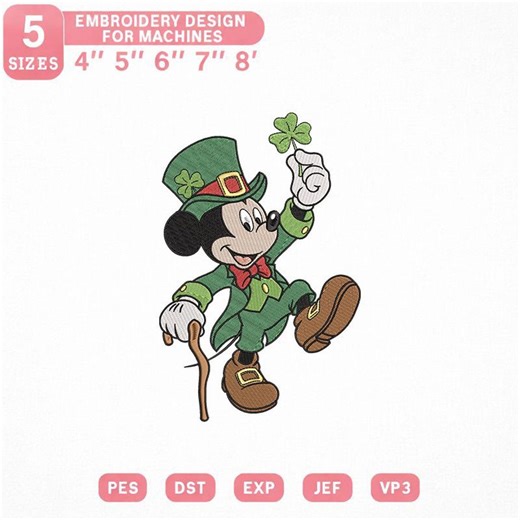 Mickey Mouse St Patrick Embroidery Design, Machine File Pes Dst Exp Jef Vp3 - Etsy