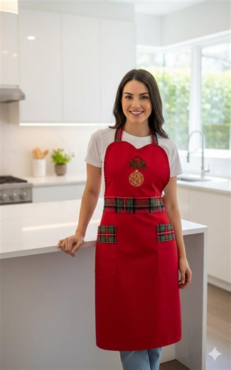 Świąteczny fartuch dla kobiet: Czerwony fartuch kuchenny w kratę z motywem świątecznym - Etsy Polska