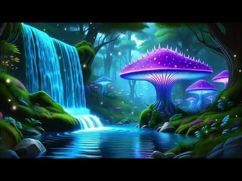 🌙 Magical Night Waterfall in a Fantasy Forest 🍄 Relaxing Water Sounds for Sleep, Meditation & Study