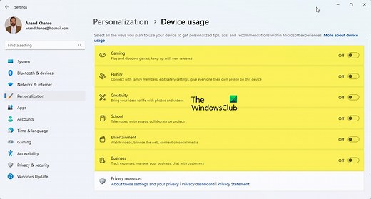 How to change Device Usage settings in Windows 11