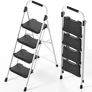 KINGRACK 4 Step Folding Ladder, 900 lbs Load Capacity, Non-Skid Large Pedals, Handrail, Safety Lock, Sturdy Step Stool for Home, Office, Garden, Multi-Purpose, White