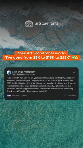 Does Art Storefronts work? "I've gone from $3K to $16K to $52K" ✅💪 If you're wondering if 2024 is going to be THE year for your art business, you're in the same position as Derek in 2020. That's when he decided it was time to finally take his talent seriously and give it a go with full support from Art Storefronts. Here's what happened next 👇 With Art Storefronts providing an incredible website experience and unlimited personal advisement along the way, his sales are now rocketing year over ye