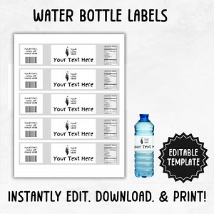 Water Bottle Label Template | Editable Water Bottle Sticker Label | Printable Water Bottle Party Favor Wraps - Etsy
