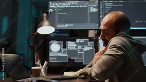 Database admin answering landline phone call late at night, talking on office telephone with cord and typing source code. Creating algorithm for company agency, writing html script. Handheld shot.