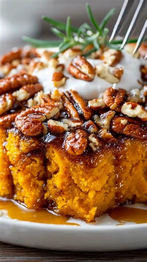 Sticky Maple Pecan Pumpkin Cake A super-moist pumpkin cake soaked in maple syrup, topped with whipped cream and toasted pecans. Ingredients First : 1 cup pumpkin purée 2 large eggs 1 cup sugar 1/2 cup melted butter Other Ingredients 1 cup flour 1 tsp baking powder 1 tsp cinnamon 1/2 tsp nutmeg 1/4 tsp salt 1 cup toasted pecans Maple syrup & whipped cream for topping Steps Mix wet: Whisk pumpkin, eggs, melted butter, and sugar until smooth. Add dry: Fold in flour, baking powder, cinnamon, nutmeg,
