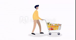 Man Walking with Shopping Cart with Goods and Goceries 2D Animation. Supermarket Shopping. 4K