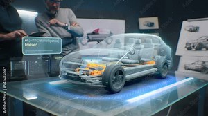 Development engineers are testing driverless autopilot system integrated into an electric car with AI artificial intelligence. They use innovative cutting edge 3D modeling technology of visualisation