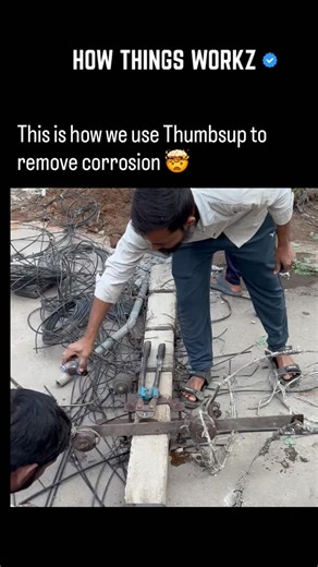 HOW THINGS WORKZ on Instagram: "Thums Up can remove corrosion (rust) from metal surfaces primarily because it contains phosphoric acid. This acid is a key ingredient in many commercial rust removers and “rust converters”. How the Process Works Chemical Reaction: The phosphoric acid in the soda reacts with iron oxide (rust) to convert it into iron phosphate. Passivation: This reaction creates a thin, blackish layer of iron phosphate on the metal surface, which helps resist future rusting—a proces