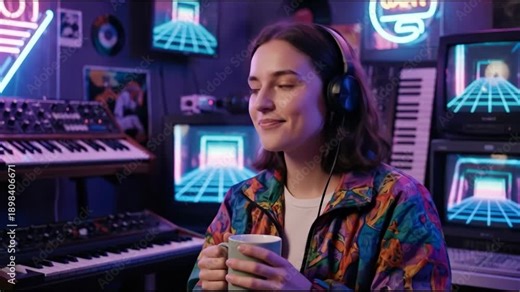 Woman in headphones drinks from mug and smiles, enjoying cozy retrowave studio with old computer monitors and synthesizers