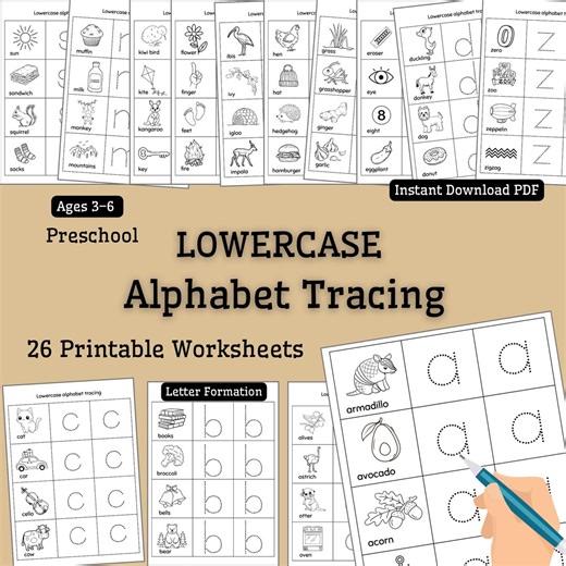 Lowercase Alphabet Tracing Worksheets Printable PDF – 26 Letter Formation Pages | Preschool - Etsy
