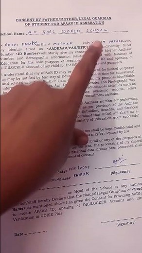 APAAR ID form fill up / consent by mother father apaar id #apaarid