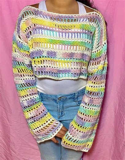 Crochet Mesh Crop Top With Long Sleeves - Rainbow Pastel - Etsy