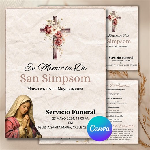 Spanish Funeral Program Template, Catholic Remembrance 5.5x8.5 Bifold 8.5x11 Design, Editable Canva Memorial, Digital Download File PDFs