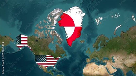 Greenland, USA map and Denmark Map Animation | World Location Map with Country Highlights. Geopolitical strategy, expansionism, and international relations for economic and territorial advantage.