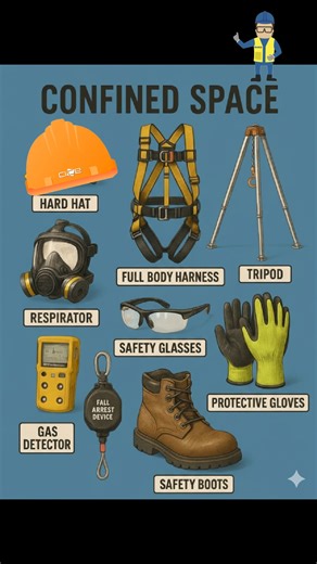 *Confined Space PPE (Personal Protective Equipment)* includes: 1. *Respiratory Protection*: Gas masks, respirators, or SCBA (Self-Contained Breathing Apparatus) for hazardous atmospheres. 2. *Fall Protection*: Harnesses and lifelines to prevent falls. 3. *Head and Face Protection*: Hard hats, face shields, and goggles. 4. *Gloves*: Insulated gloves for electrical or chemical protection. 5. *Communication Devices*: Two-way radios or other communication tools. *Additional Requirements:* 1. *Atmosp