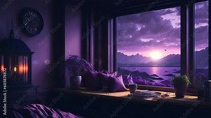 animated virtual backgrounds, stream overlay loop, cozy lo-fi living room at sunset, vtuber asset twitch zoom OBS screen, anime chill hip hop.