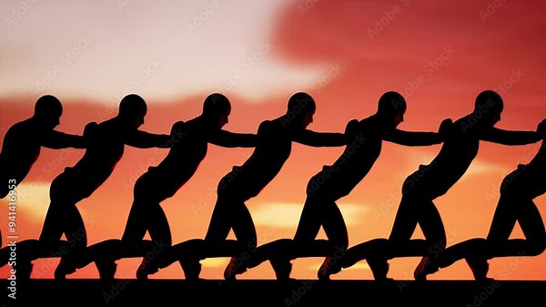 men crowd in line. The one behind pushes the back of the one in front. As in Egypt style animation Stock Video