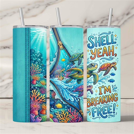 Sea Turtle "Shell Yeah" Tumbler Wrap PNG, Breaking Free 20oz Skinny Sublimation, Colorful Ocean Reef Digital Download, Nautical Beach Art