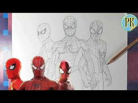 How To draw Spiderman together (Tobey Maguires, Andrew Garfield, Tom Holland) outline tutorial
