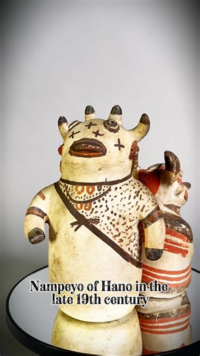 Steve Elmore Indian Art on Instagram: "Before Hopi kachinas were carved, some were shaped in clay. These rare late-19th-century ceramic kachina figures by Nampeyo of Hano include a four-horned Polacca figure (c.1880) and a male-female pair of Wakas kachinas (c.1885), modeled as anthropomorphized cow forms introduced after cattle arrived in the Southwest. Hand-formed, traditionally fired, and painted with mineral pigments, they represent an exceptionally early and seldom-seen chapter of Hopi figu