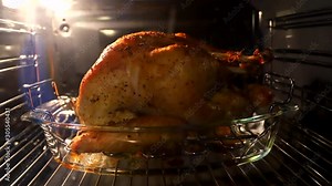 Timelapse of grilling or roasting whole turkey in an oven for family Thanksgiving dinner.