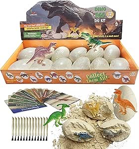 Dino Eggs Dig Kit 12Pcs Dinosaur Excavation Bricks Toys Archaeology Science STEM Experiments Toy Egg Hunt Party Gift for Kids 6-12 Years Old and Up Boys Girls