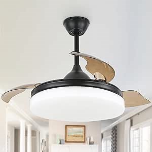 42" Retractable Ceiling Fan, DC Motor Modern Ceiling Fan with Lights and Remote, 6 Speed Dimmable LED Chandelier Ceiling Fan for Bedroom living room