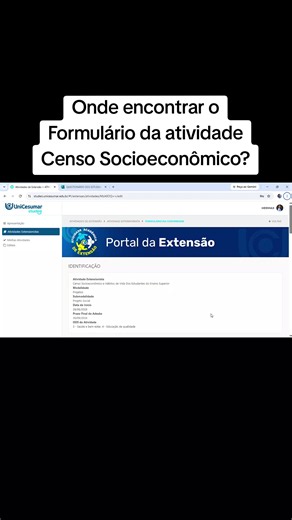 Onde encontrar o Formulário da Atividade Censo Socioeconômico? Caminho: Atividades de ExtensãoATIVIDADE EXTENSIONISTAFORMULÁRIO DA COMUNIDADE Link: https://forms.cloud.microsoft/pages/responsepage.aspx?id=XzPnsB_9rUaYx1Xm5OIi6u-7qADSijRAtiDgOwvtoepUODhVOTdKTEQwRzE2TVVPRDFQN0M5N09TVC4u&route=shorturl #Estudantes #ProjetoSocial #Universidade #EnsinoSuperior #AtividadeExtensionista