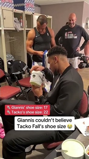 Giannis couldn't believe Tacko Fall's shoe size 😂 (via ‪@NBA‬)