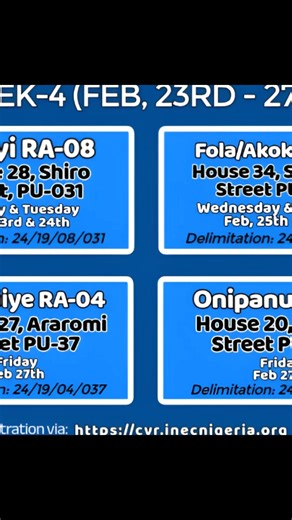 SOMOLU | Y2026 CONTINUOUS VOTER REGISTRATION (CVR) ROTATION SCHEDULE FOR IVED MACHINE The Executive Chairman of Somolu Local Government, Hon. Lateef Ashimi, is calling on residents and eligible voters (18 ) in the community to participate in the ongoing voter registration exercise across the eight political wards, simply to obtain their Permanent Voters Card (PVC). 𝗪𝗲𝗲𝗸-04 Ward H: Igbobi/Fadeyi Venue: House 28, Shiro Street, PU-031 Mon & Tues, Feb 23rd & 24th Ward I (F&G): Folagoro/Igbari-Ak