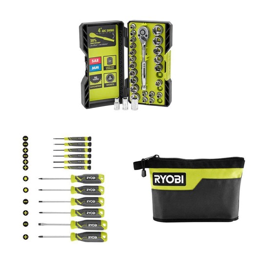 RYOBI Screwdriver Set with Cushion Grip Handles, 12 in. Zipper Pouch and 1/4 in. Drive Ratchet and Socket Set (40-Piece) - The Home Depot