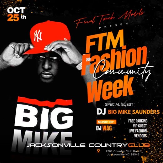 🔊 Special Guest Spotlight: Big Mike Saunders We’re turning the volume all the way up for FTM Fashion Week Season 12 with radio personality Big Mike Saunders... Mix Master, Traveling DJ, and all-around entertainer! 🎧🔥 Join Big Mike in VIP get your tickets now at www.ftmfashionweek.com/shows Follow: @bigmikesaunders (IG) • @Daplife (Snapchat) 🗓️ Oct 25, 2025 📍 Jacksonville Country Club, NC 🎟️ Tickets: ftmfashionweek.com/shows #FTMFashionWeek #Season12 #BigMikeSaunders #RunwayVibes #Jacksonvi