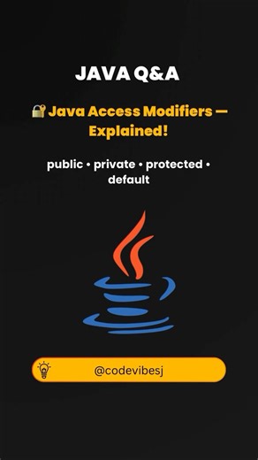 CodeVibeSJ on Instagram: "Access modifiers in Java explained in the simplest way! 🔓 . . . #java #accessmodifiers #javainterview #codingtips #learnjava #viralreel #codevibesj #javadevelopers ##webdevelopment #javaprogramming #webdeveloper"
