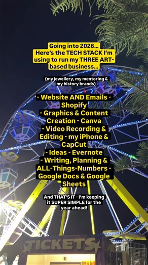 Roll up roll up - get your tickets for 2026! 🎡 Going into 2026 I’m simplifying my ‘systems’ to the ‘things’ I REALLY use - these are the programmes that are OPENED EVERY DAY on my computer! It’s my ENTIRE ‘tech stack’ and I use these to run THREE BUSY art-based businesses - my jewellery brand, my mentoring and my history brand. → Website AND Emails: @shopify The websites I use for SELLING are all in Shopify! & Yes - Shopify plans INCLUDE 10,000 FREE emails per month, which most people completel