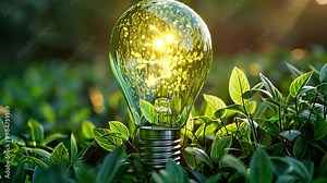The green light bulb is nestled among vibrant green leaves, reflecting sunlight and highlighting a theme of eco-friendliness and sustainable energy.
